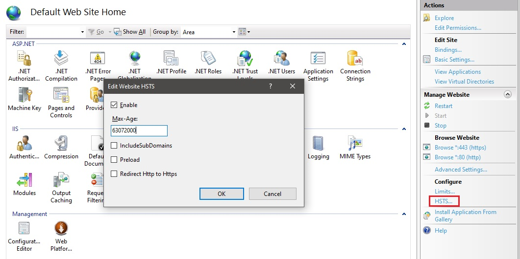 Site HSTS settings in IIS Manager