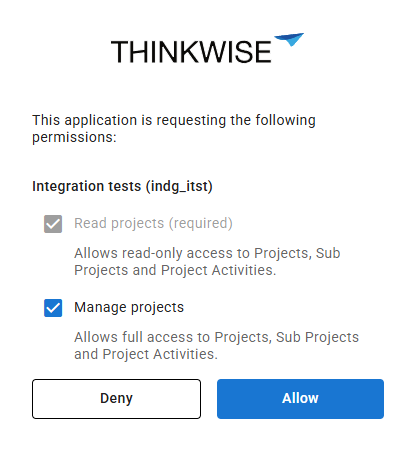 Consent screen with the permissions Read projects (required) and Manage projects, and the options Deny and Allow