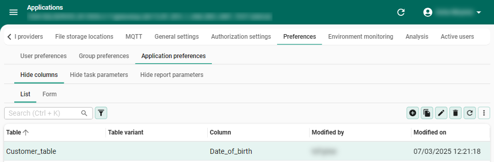 Hide columns application-wide