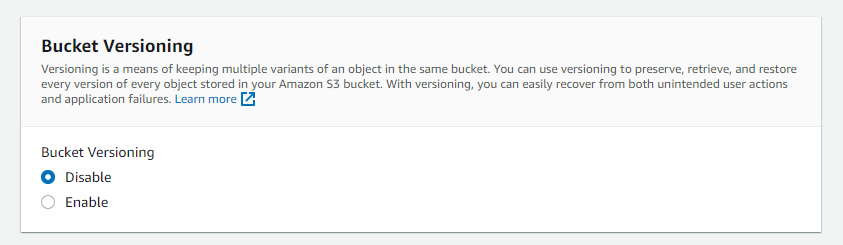 Bucket versioning settings from creation screen