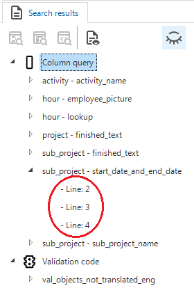 code search results in tree