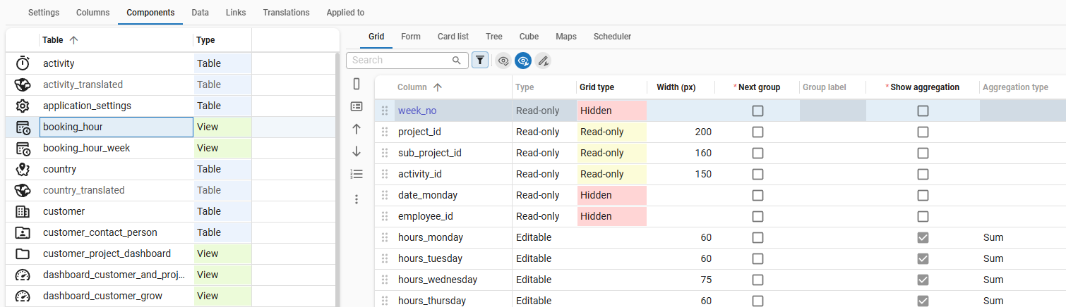 Grid within Components for a selected table