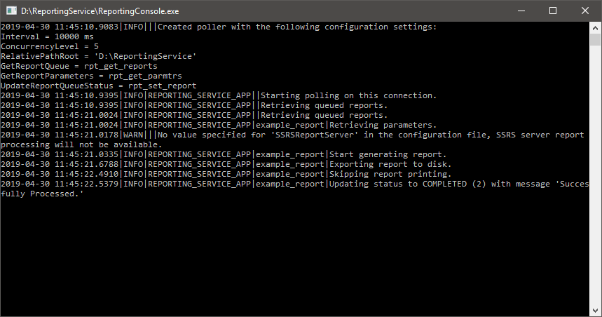 reporting service console output