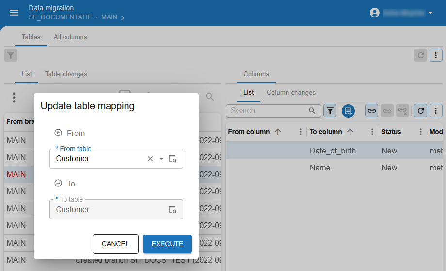 update a table mapping