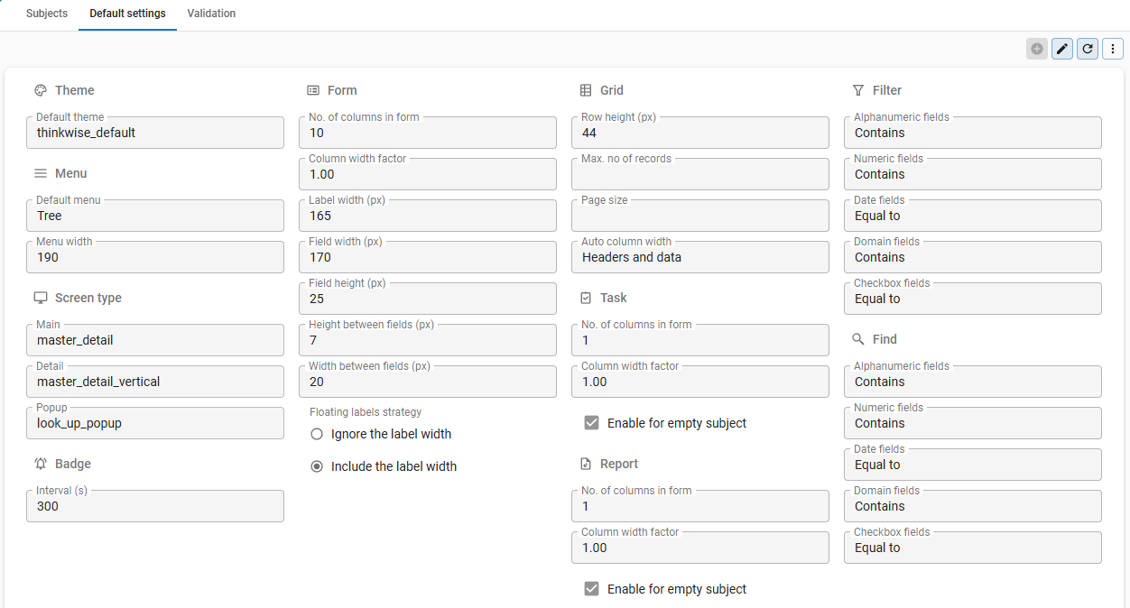 Default settings for the tables tab