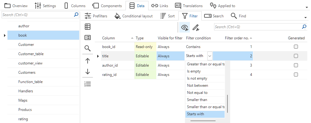 Filter condition settings