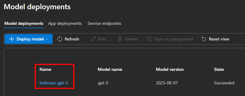 Example of model settings in Azure OpenAI portal