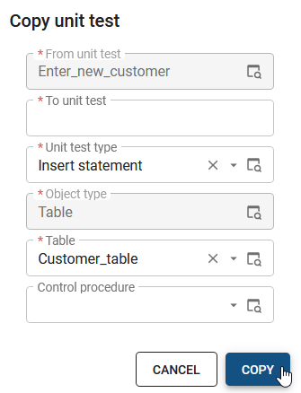 Copy object pop-up in the Software Factory, showing fields to enter a new name for the copied object and a 'Copy' button.
