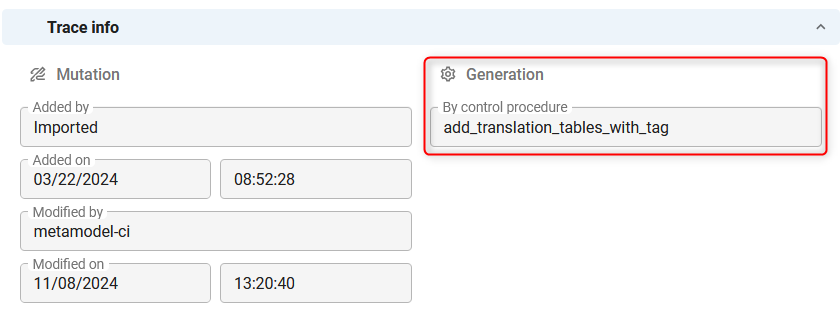 Trace info with generation by control procedure