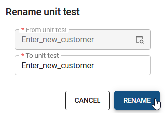 Rename object pop-up in the Software Factory, showing fields to enter a new name for the object and a 'Rename' button.