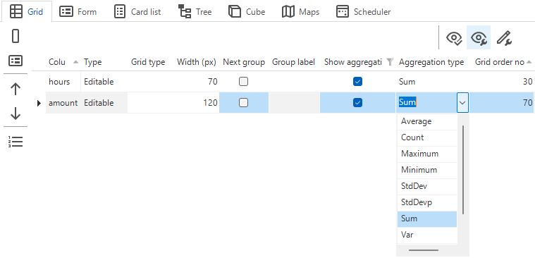 Drop down list with the aggregation options