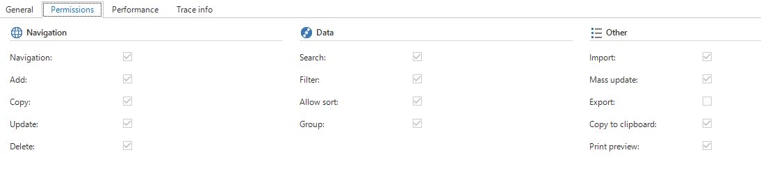 Permissions tab with subject settings