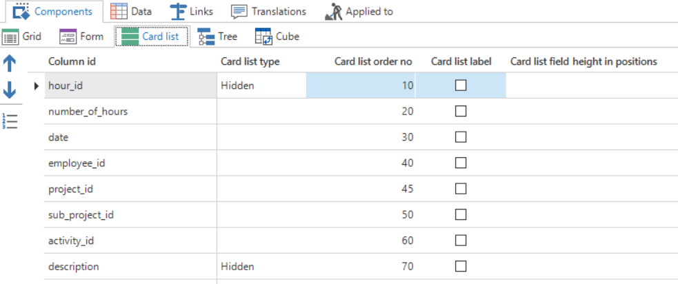 Card list within Components for a selected table
