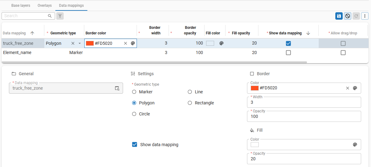 Data mapping of a truck-free zone