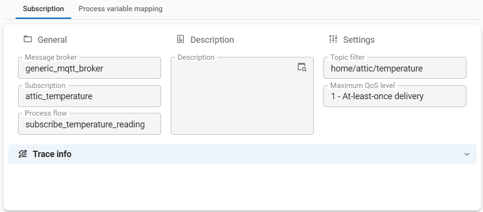 Subscription tab of a message broker with four temperature subscriptions and the settings of 'attic_temperature'