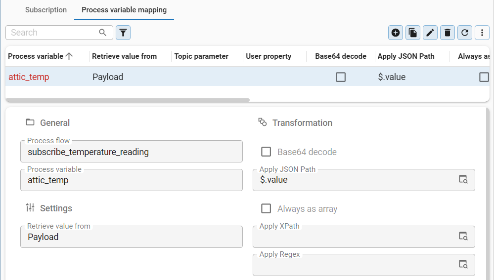 Process variable mapping tab with the variable 'attic_temp' retrieved from the payload using the JSON path '$.value'