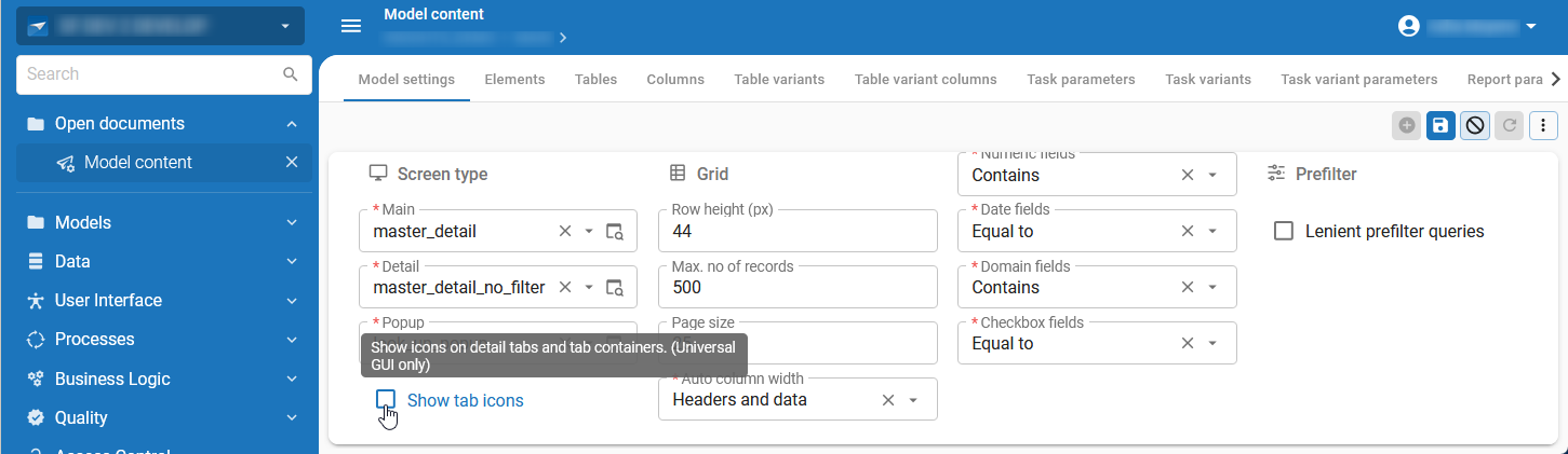 'Show tab icons' setting in the Software Factory