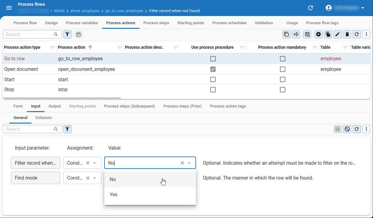 Process actions tab in Software Factory showing input parameters with assignment and value dropdowns for 'Go to row' process action