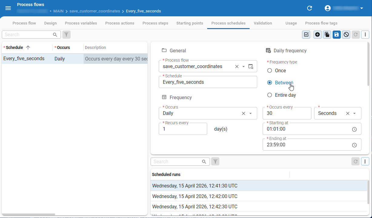 Process schedules tab showing a daily schedule set to run every 30 seconds between 01:01 and 23:59 with upcoming scheduled runs