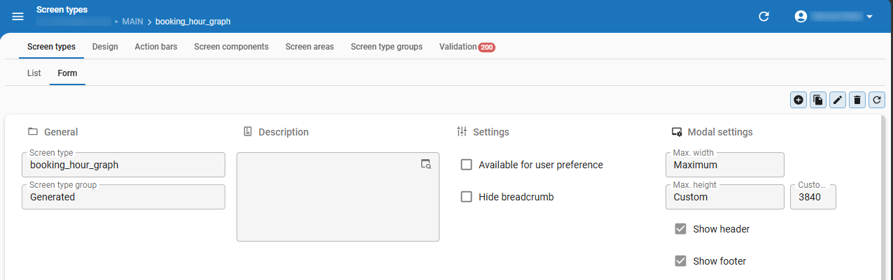 Modal size settings with Max. height and Max. width fields in the Software Factory