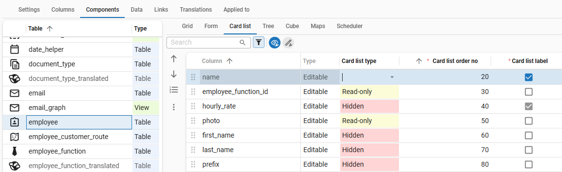 Card list within Components for a selected table