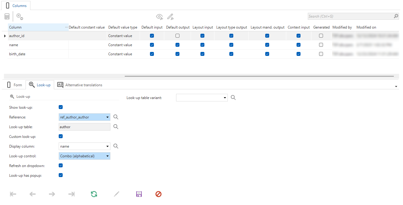 Look-up settings for the Tables