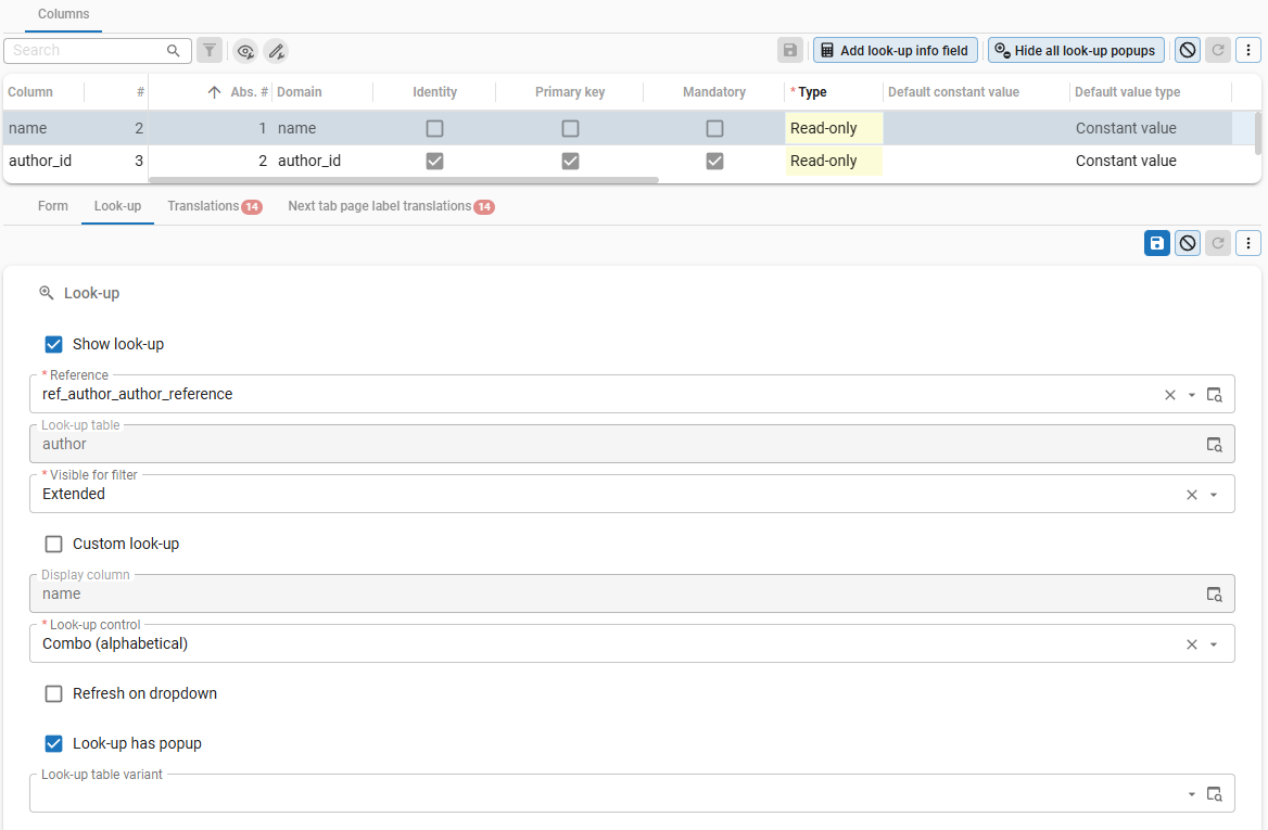 Look-up settings for the Tables
