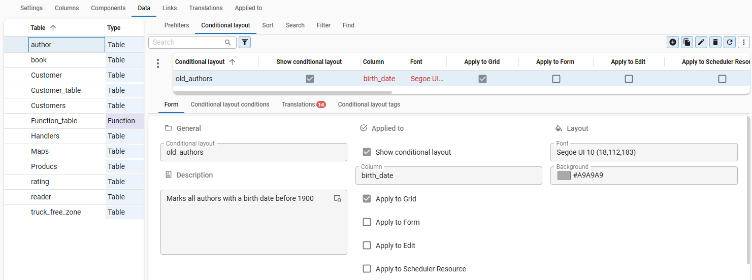 Set conditional layout for a table