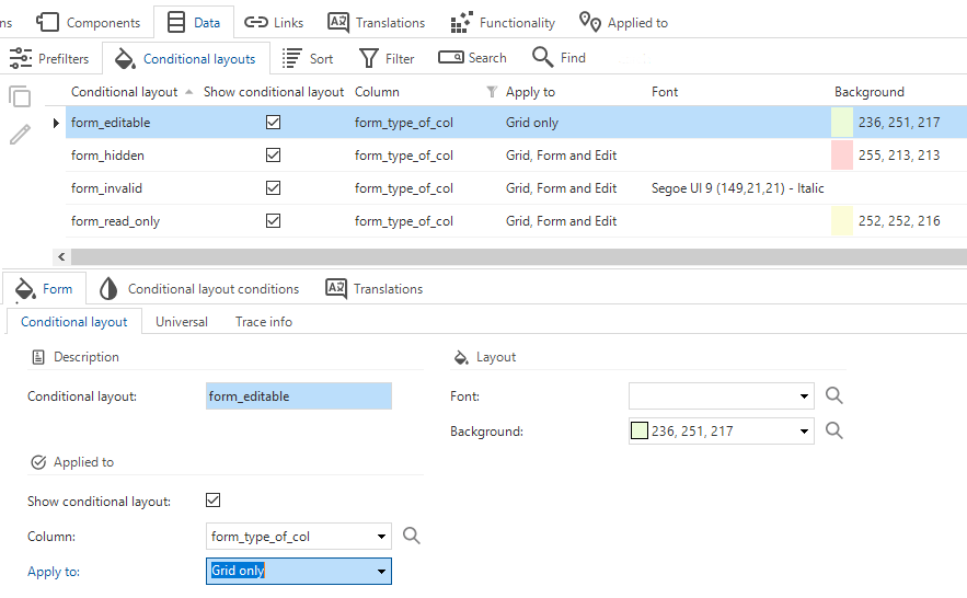 Set conditional layout for a table