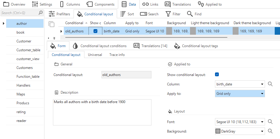 Set conditional layout for a table