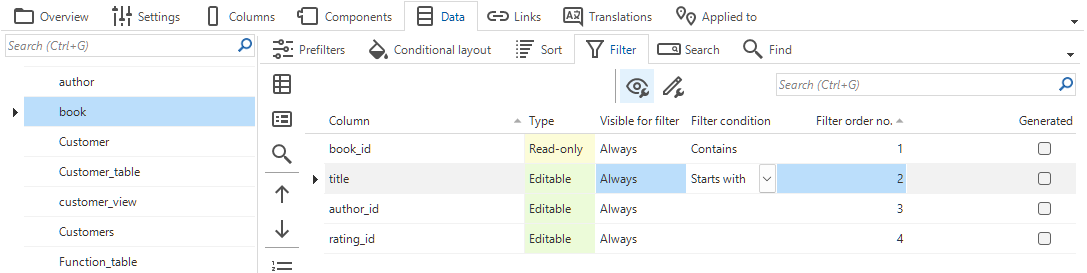 Setting filter values for a table in Data