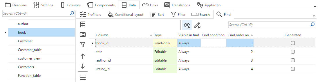 Setting search values for a table in Data