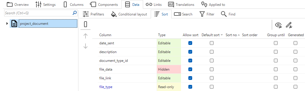 Setting sort values for a table in Data