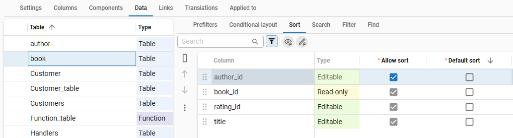 Setting sort values for a table in Data