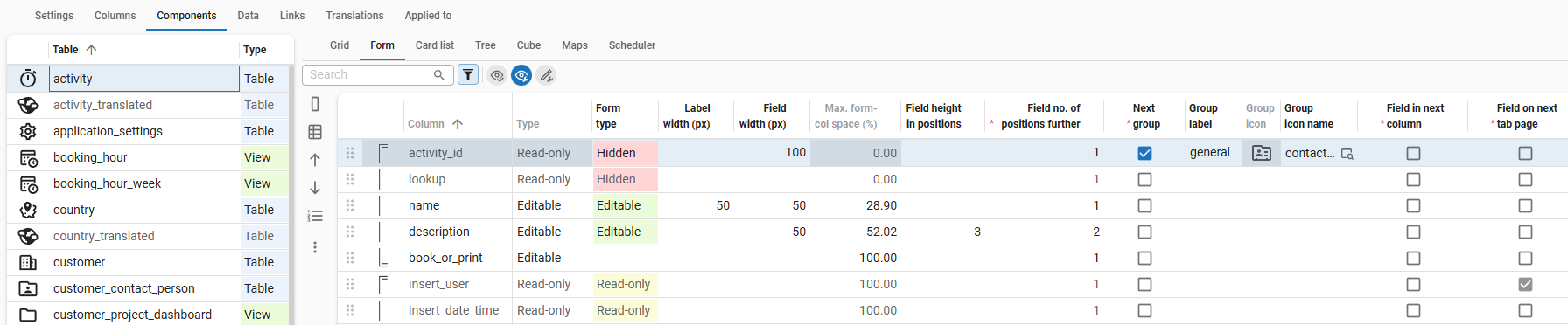 Form within Components for a selected table