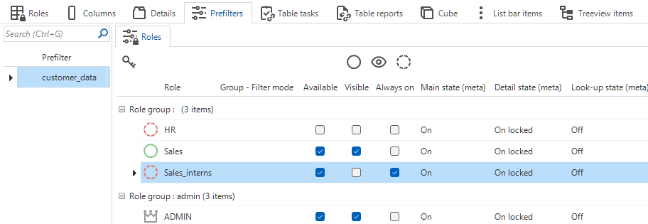 Setting the role rights for prefilters