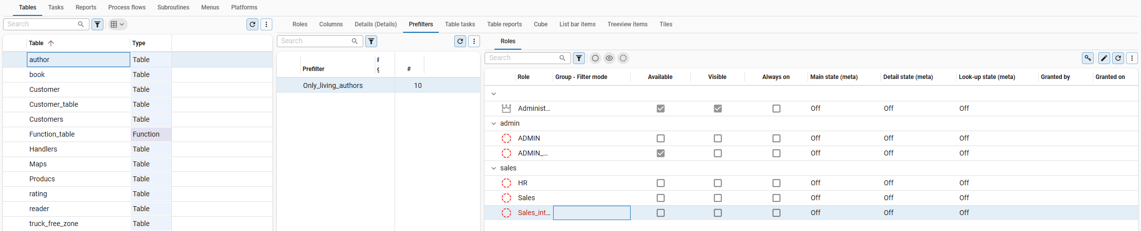 Setting the role rights for prefilters