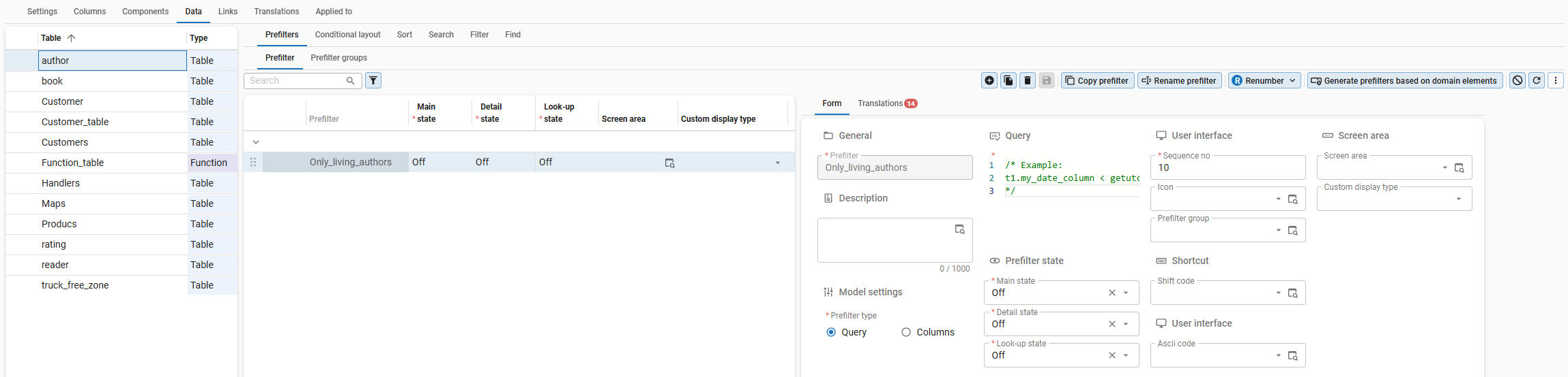 Setting a prefilter with a query