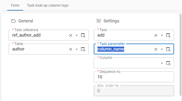 Lookup column settings for a task