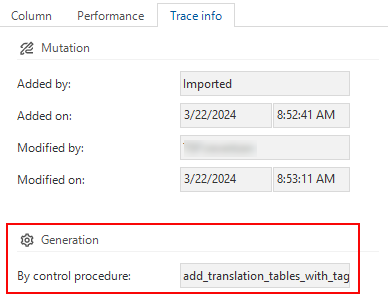 Trace info with generation by control procedure